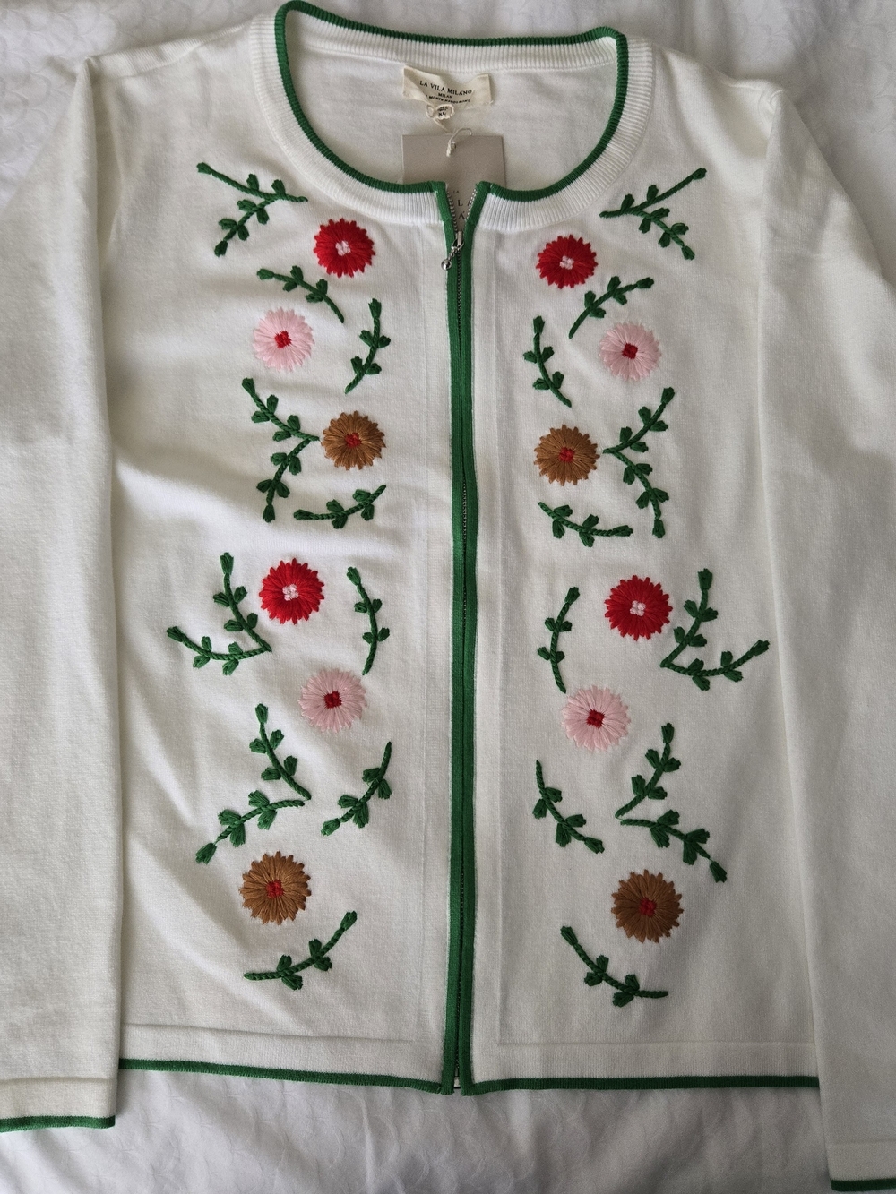 White Embroidered Floral Zip Cardigan
